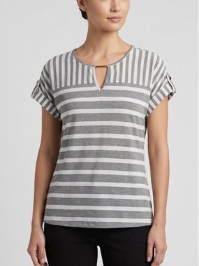 AVA JAMES Striped Short Sleeve Tee, Women’s L, White Grey
